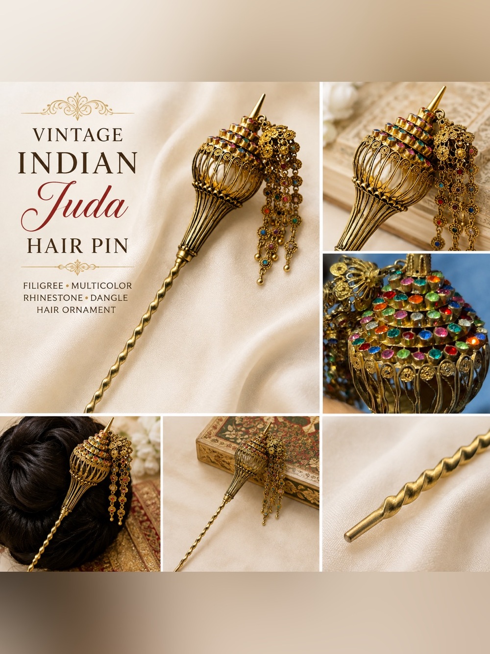Vintage Gold Tone Indian Juda Hair Pin with Multicolor Stones